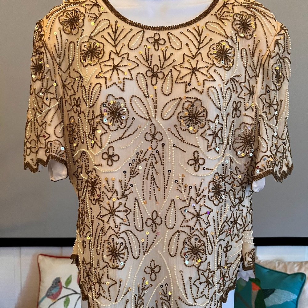 Laurence Kazar Hand-Beaded Top Cream with Gold Beads Pearls Womens Size PXL